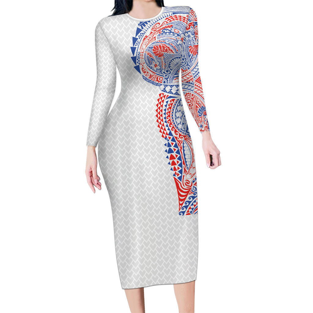 Hawaiian Traditional Tattoos Family Matching Long Sleeve Bodycon Dress and Hawaiian Shirt Kakau Tribal Tropical Plant Motif Hawaii Flag Color Inspired