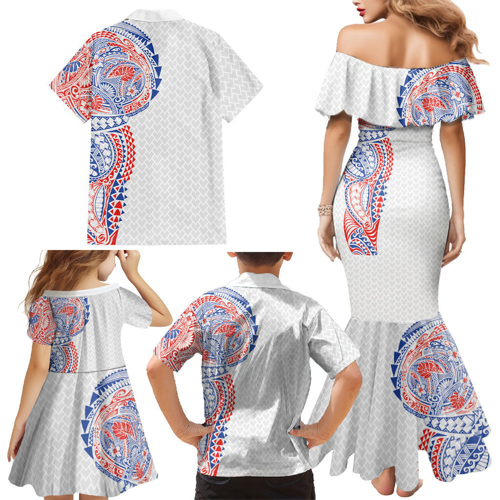 Hawaiian Traditional Tattoos Family Matching Mermaid Dress and Hawaiian Shirt Kakau Tribal Tropical Plant Motif Hawaii Flag Color Inspired