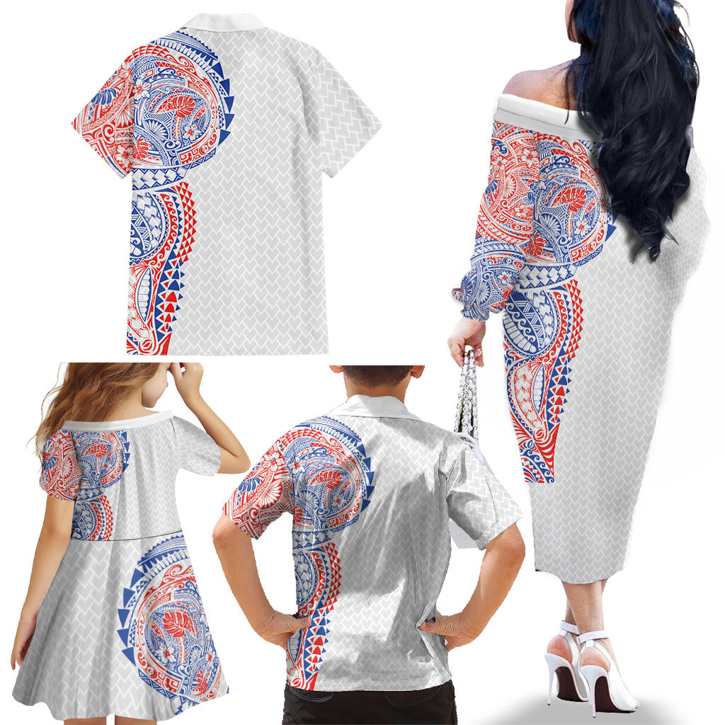 Hawaiian Traditional Tattoos Family Matching Off The Shoulder Long Sleeve Dress and Hawaiian Shirt Kakau Tribal Tropical Plant Motif Hawaii Flag Color Inspired
