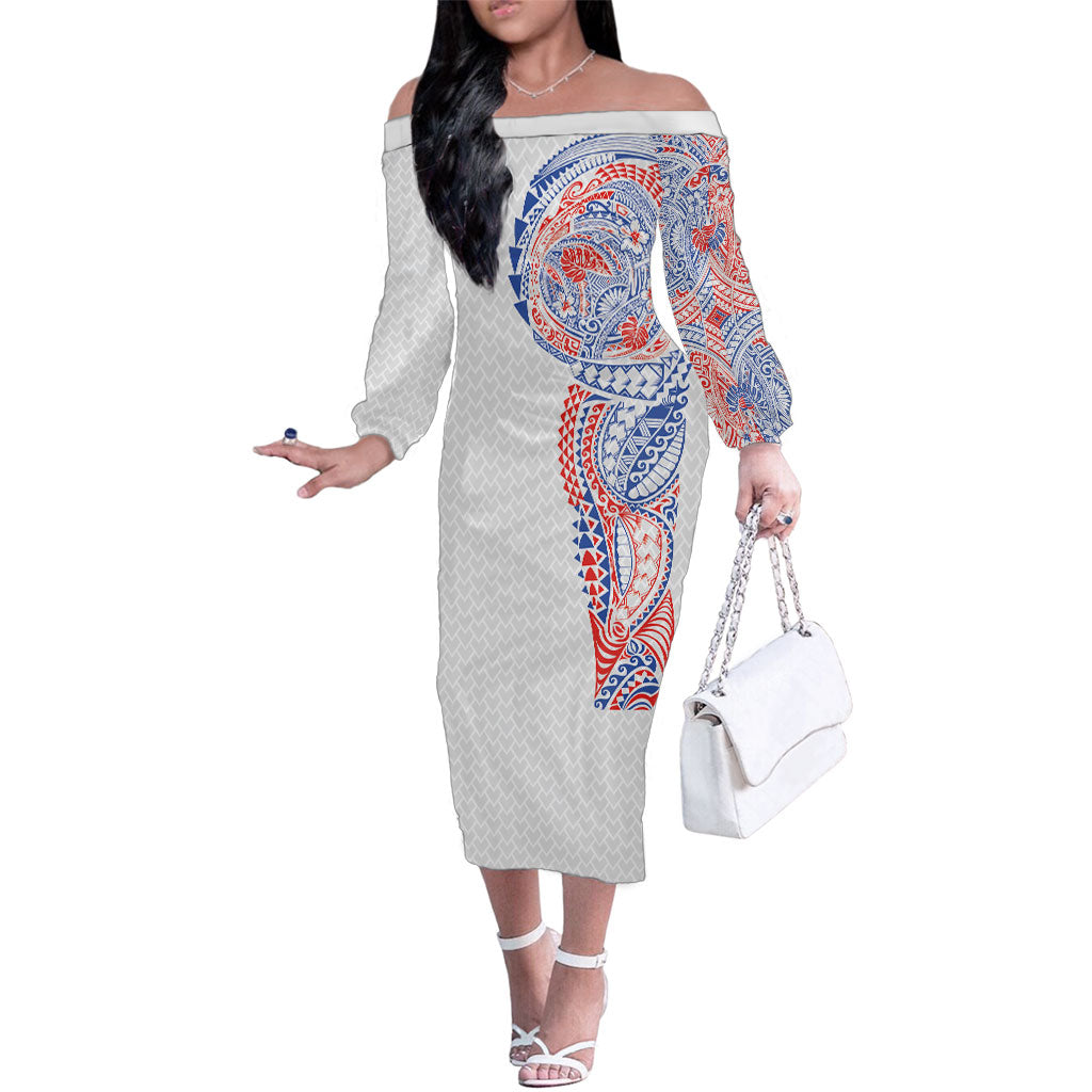 Hawaiian Traditional Tattoos Family Matching Off The Shoulder Long Sleeve Dress and Hawaiian Shirt Kakau Tribal Tropical Plant Motif Hawaii Flag Color Inspired