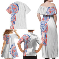 Hawaiian Traditional Tattoos Family Matching Off Shoulder Maxi Dress and Hawaiian Shirt Kakau Tribal Tropical Plant Motif Hawaii Flag Color Inspired