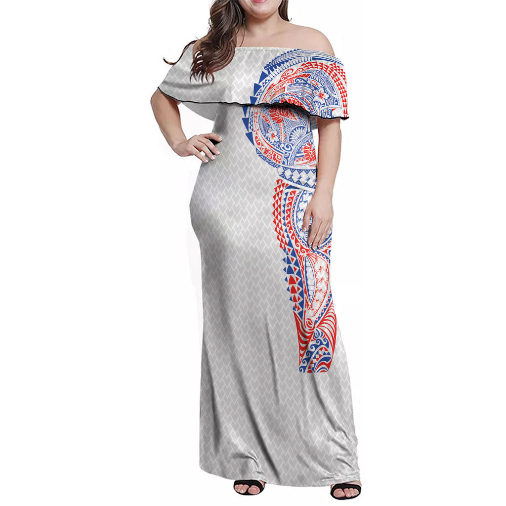 Hawaiian Traditional Tattoos Family Matching Off Shoulder Maxi Dress and Hawaiian Shirt Kakau Tribal Tropical Plant Motif Hawaii Flag Color Inspired