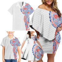 Hawaiian Traditional Tattoos Family Matching Off Shoulder Short Dress and Hawaiian Shirt Kakau Tribal Tropical Plant Motif Hawaii Flag Color Inspired