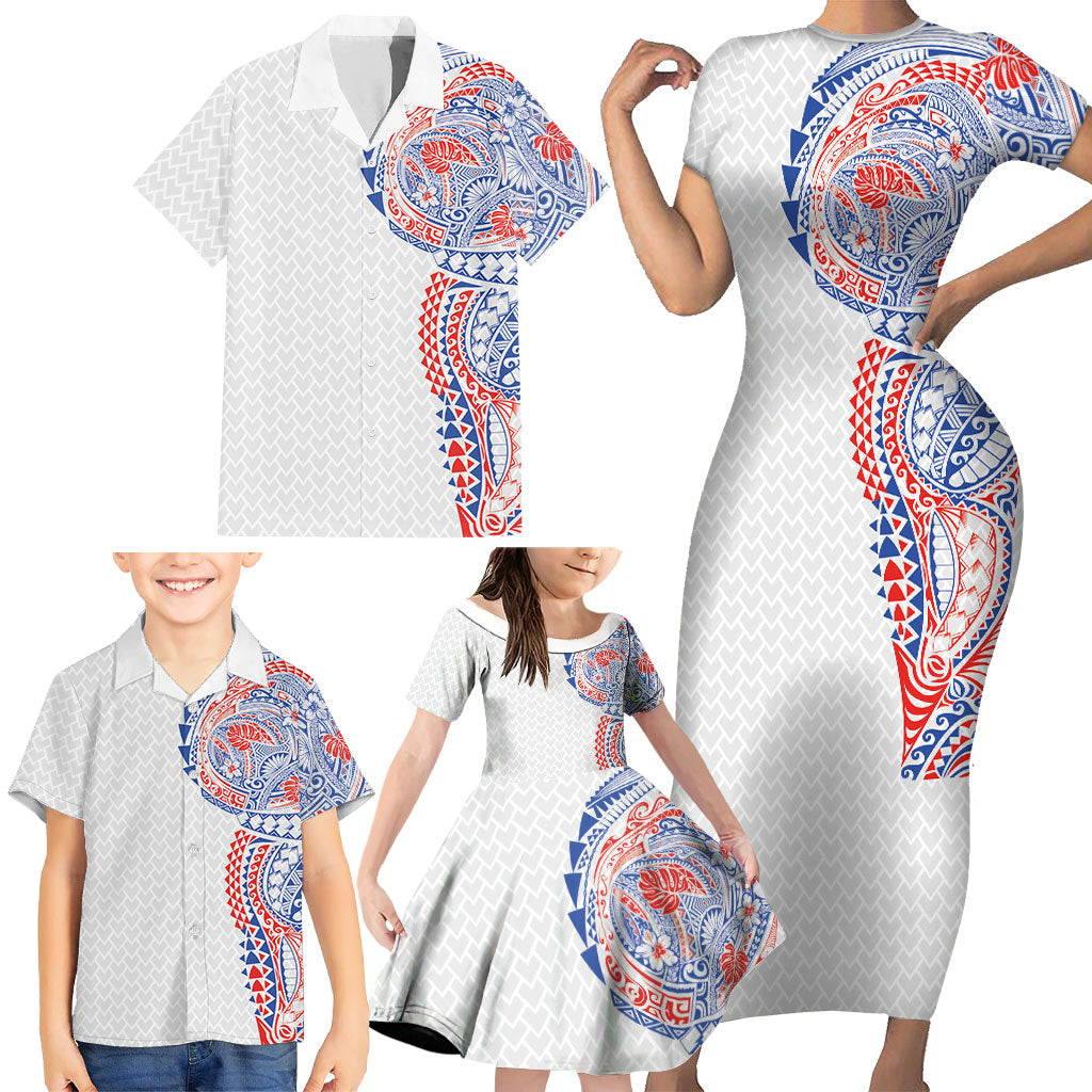 Hawaiian Traditional Tattoos Family Matching Short Sleeve Bodycon Dress and Hawaiian Shirt Kakau Tribal Tropical Plant Motif Hawaii Flag Color Inspired
