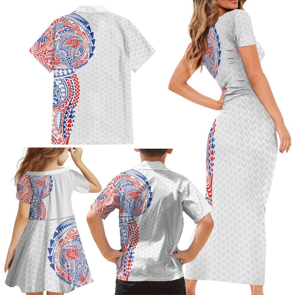 Hawaiian Traditional Tattoos Family Matching Short Sleeve Bodycon Dress and Hawaiian Shirt Kakau Tribal Tropical Plant Motif Hawaii Flag Color Inspired