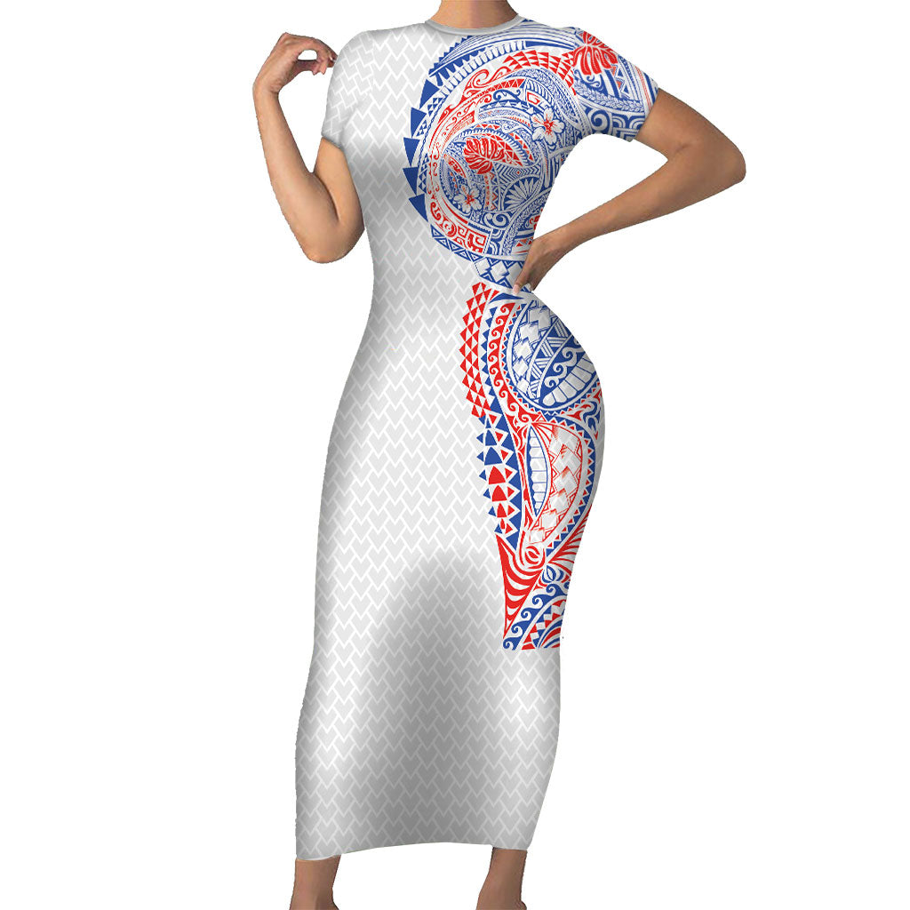Hawaiian Traditional Tattoos Family Matching Short Sleeve Bodycon Dress and Hawaiian Shirt Kakau Tribal Tropical Plant Motif Hawaii Flag Color Inspired