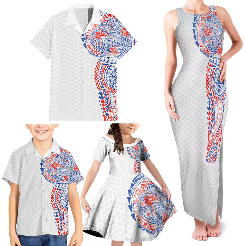 Hawaiian Traditional Tattoos Family Matching Tank Maxi Dress and Hawaiian Shirt Kakau Tribal Tropical Plant Motif Hawaii Flag Color Inspired