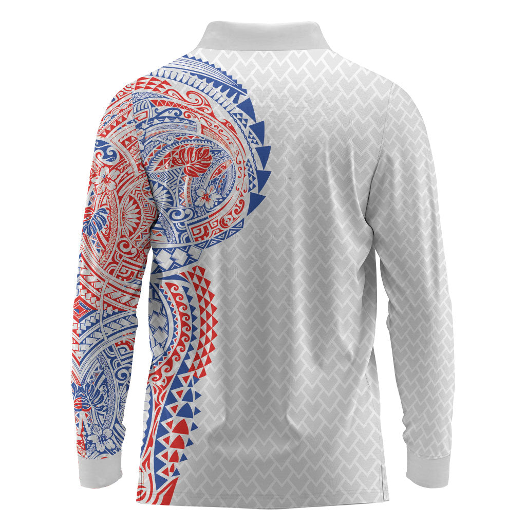 Hawaiian Traditional Tattoos Long Sleeve Polo Shirt Kakau Tribal Tropical Plant Motif Hawaii Flag Color Inspired