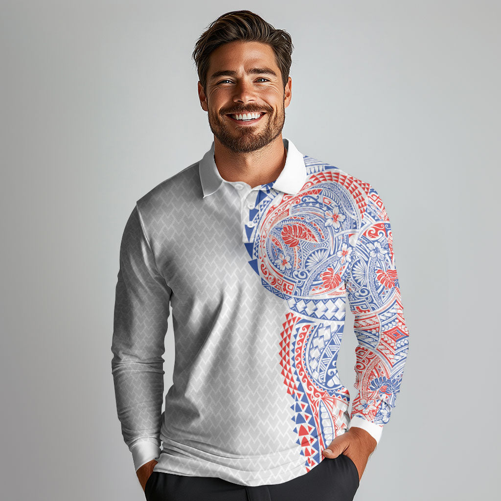 Hawaiian Traditional Tattoos Long Sleeve Polo Shirt Kakau Tribal Tropical Plant Motif Hawaii Flag Color Inspired
