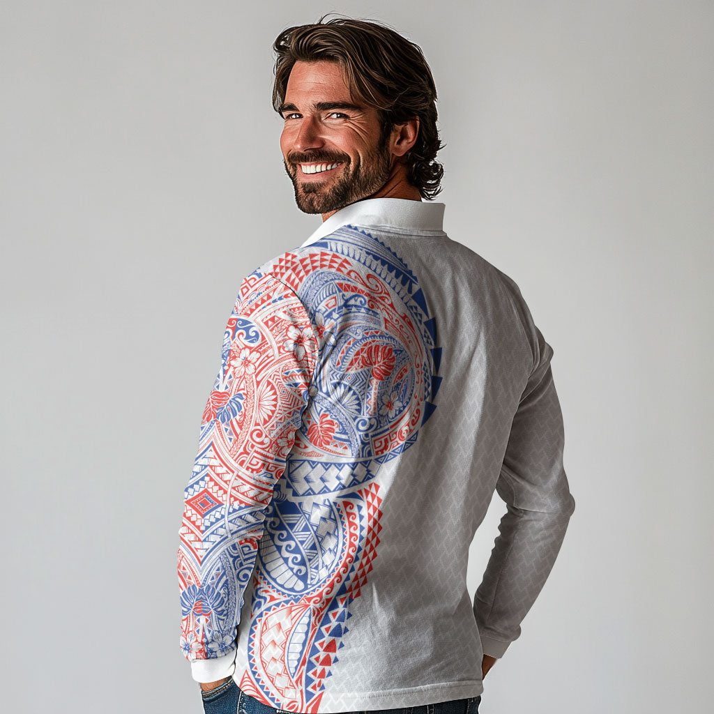Hawaiian Traditional Tattoos Long Sleeve Polo Shirt Kakau Tribal Tropical Plant Motif Hawaii Flag Color Inspired