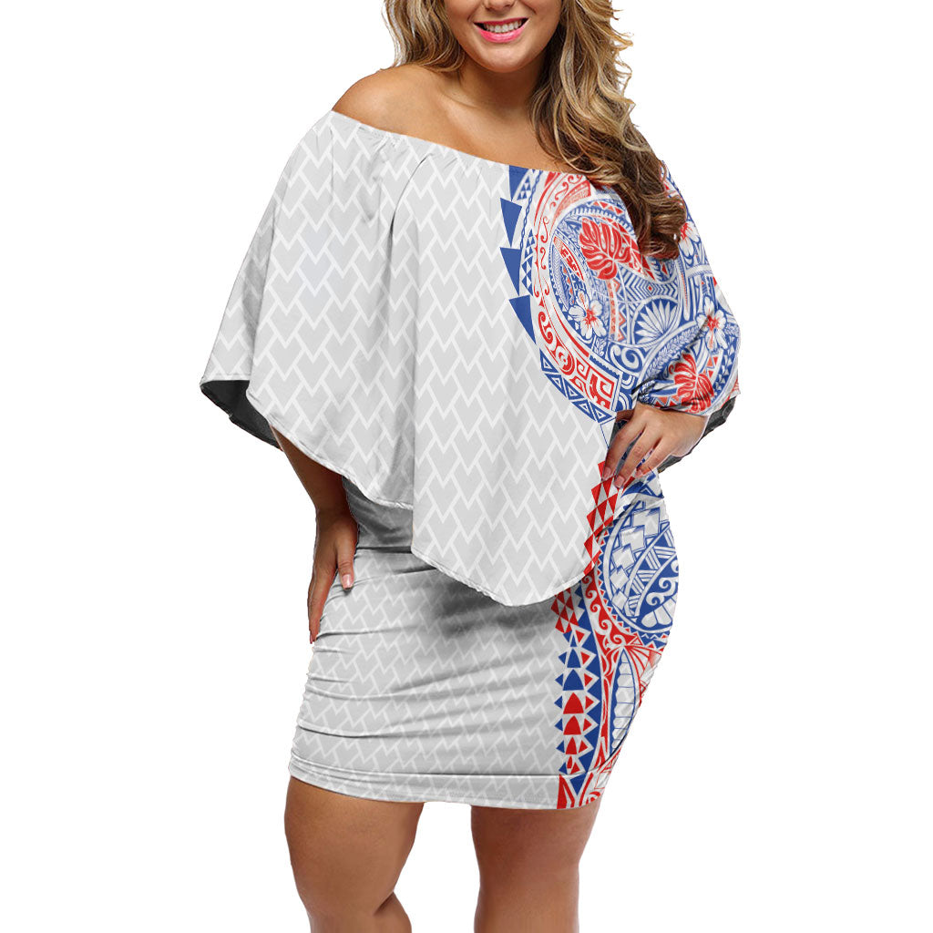Hawaiian Traditional Tattoos Off Shoulder Short Dress Kakau Tribal Tropical Plant Motif Hawaii Flag Color Inspired