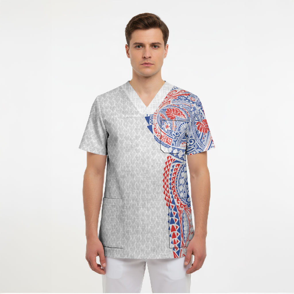 Hawaiian Traditional Tattoos Scrub Top Kakau Tribal Tropical Plant Motif Hawaii Flag Color Inspired