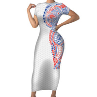 Hawaiian Traditional Tattoos Short Sleeve Bodycon Dress Kakau Tribal Tropical Plant Motif Hawaii Flag Color Inspired