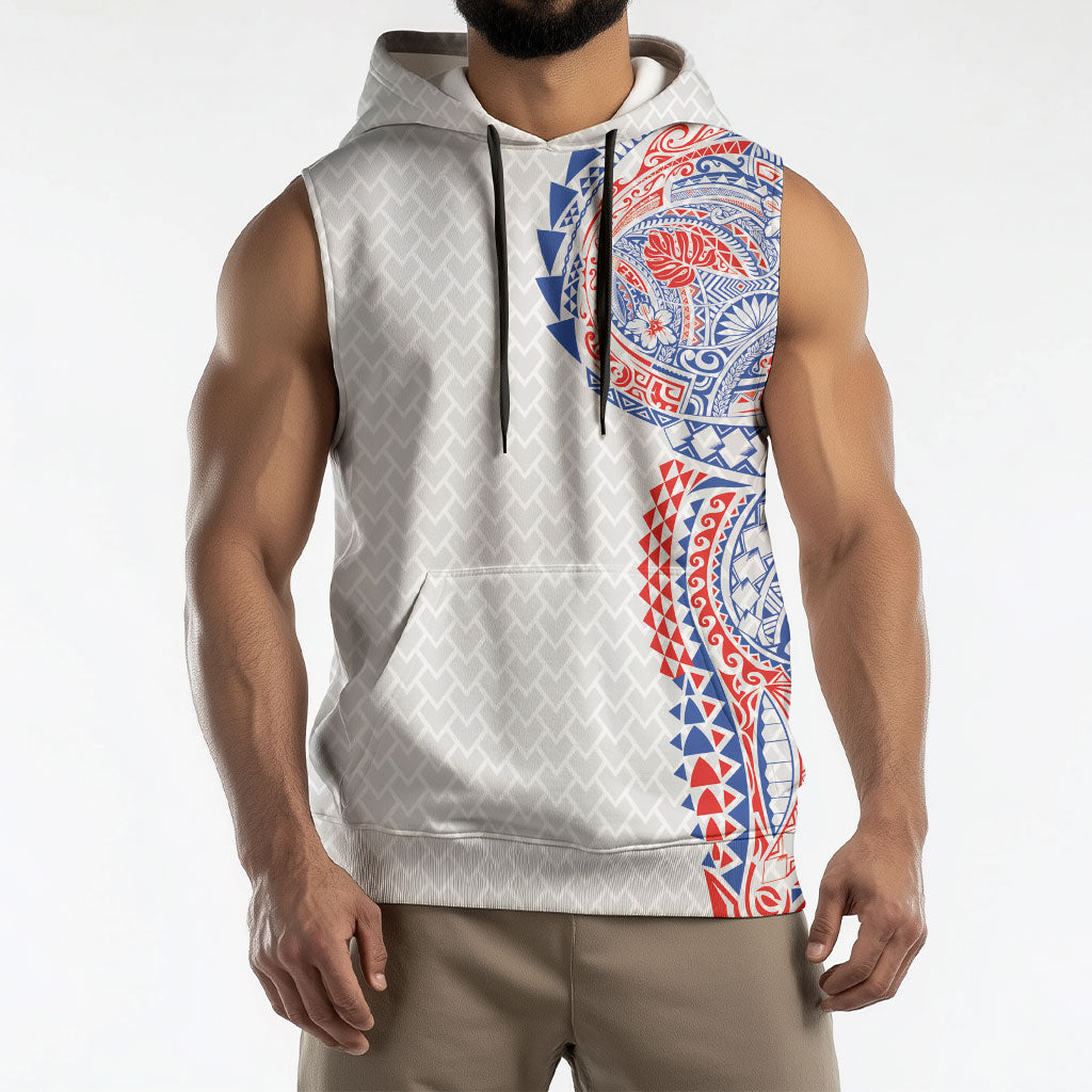 Hawaiian Traditional Tattoos Sleeveless Hoodie Kakau Tribal Tropical Plant Motif Hawaii Flag Color Inspired