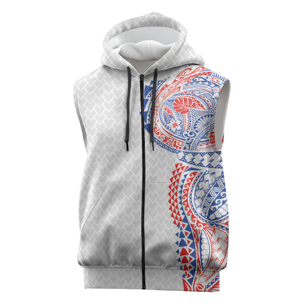 Hawaiian Traditional Tattoos Sleeveless Zip Hoodie Kakau Tribal Tropical Plant Motif Hawaii Flag Color Inspired