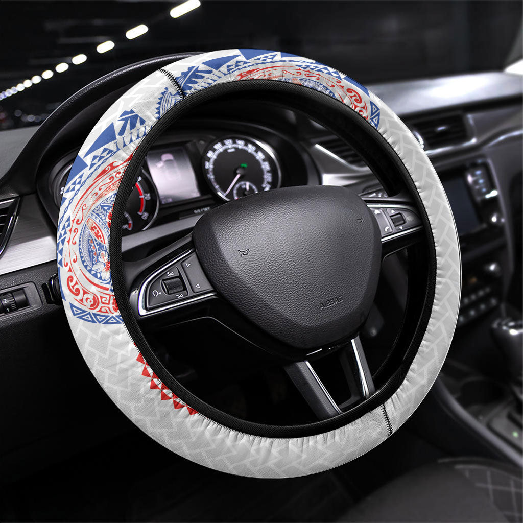 Hawaiian Traditional Tattoos Steering Wheel Cover Kakau Tribal Tropical Plant Motif Hawaii Flag Color Inspired