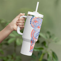 Hawaiian Traditional Tattoos Tumbler With Handle Kakau Tribal Tropical Plant Motif Hawaii Flag Color Inspired