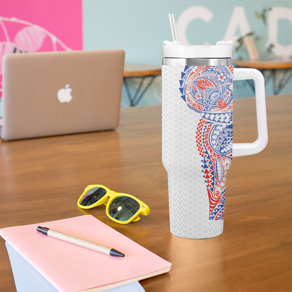 Hawaiian Traditional Tattoos Tumbler With Handle Kakau Tribal Tropical Plant Motif Hawaii Flag Color Inspired