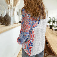 Hawaiian Traditional Tattoos Women Casual Shirt Kakau Tribal Tropical Plant Motif Hawaii Flag Color Inspired