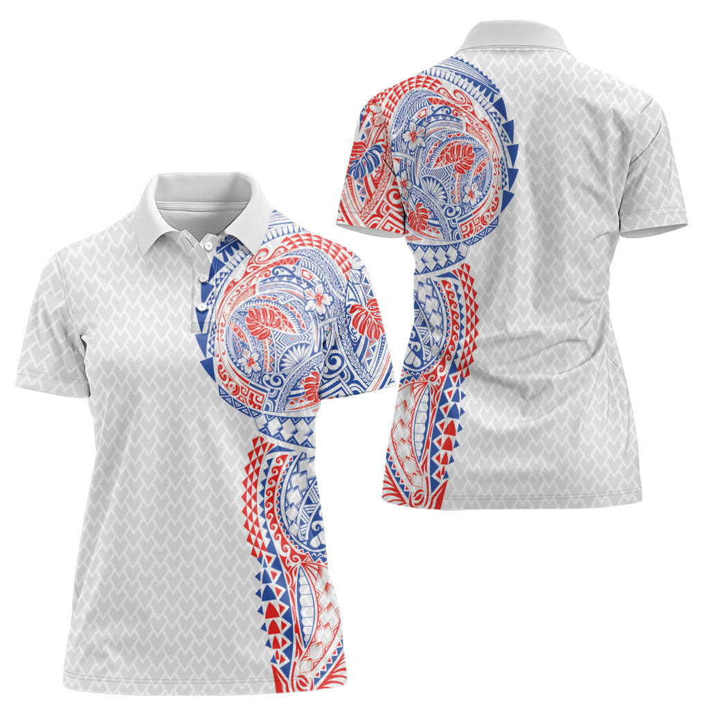 Hawaiian Traditional Tattoos Women Polo Shirt Kakau Tribal Tropical Plant Motif Hawaii Flag Color Inspired
