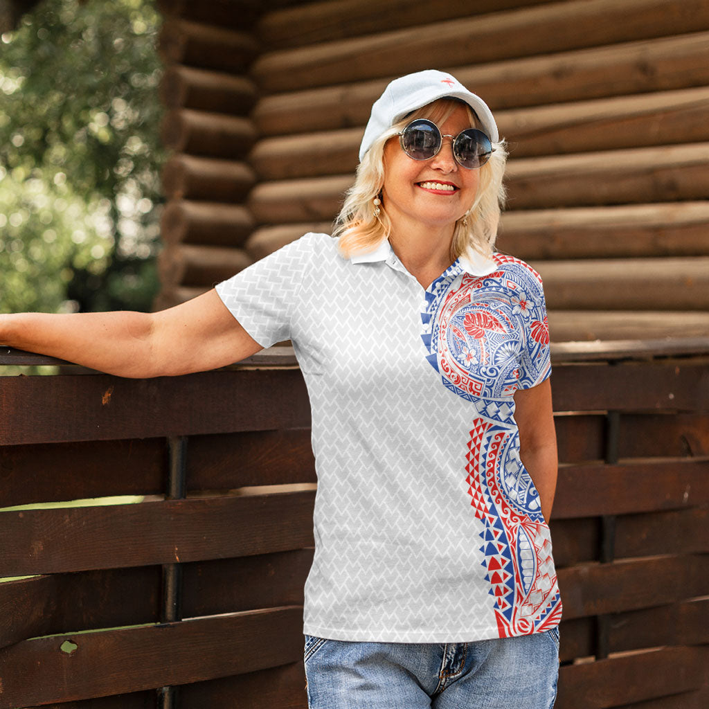 Hawaiian Traditional Tattoos Women Polo Shirt Kakau Tribal Tropical Plant Motif Hawaii Flag Color Inspired