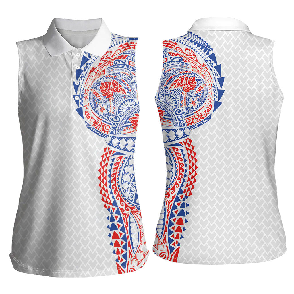 Hawaiian Traditional Tattoos Women Sleeveless Polo Shirt Kakau Tribal Tropical Plant Motif Hawaii Flag Color Inspired
