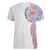 Hawaiian Traditional Tattoos Women V-Neck T-Shirt Kakau Tribal Tropical Plant Motif Hawaii Flag Color Inspired
