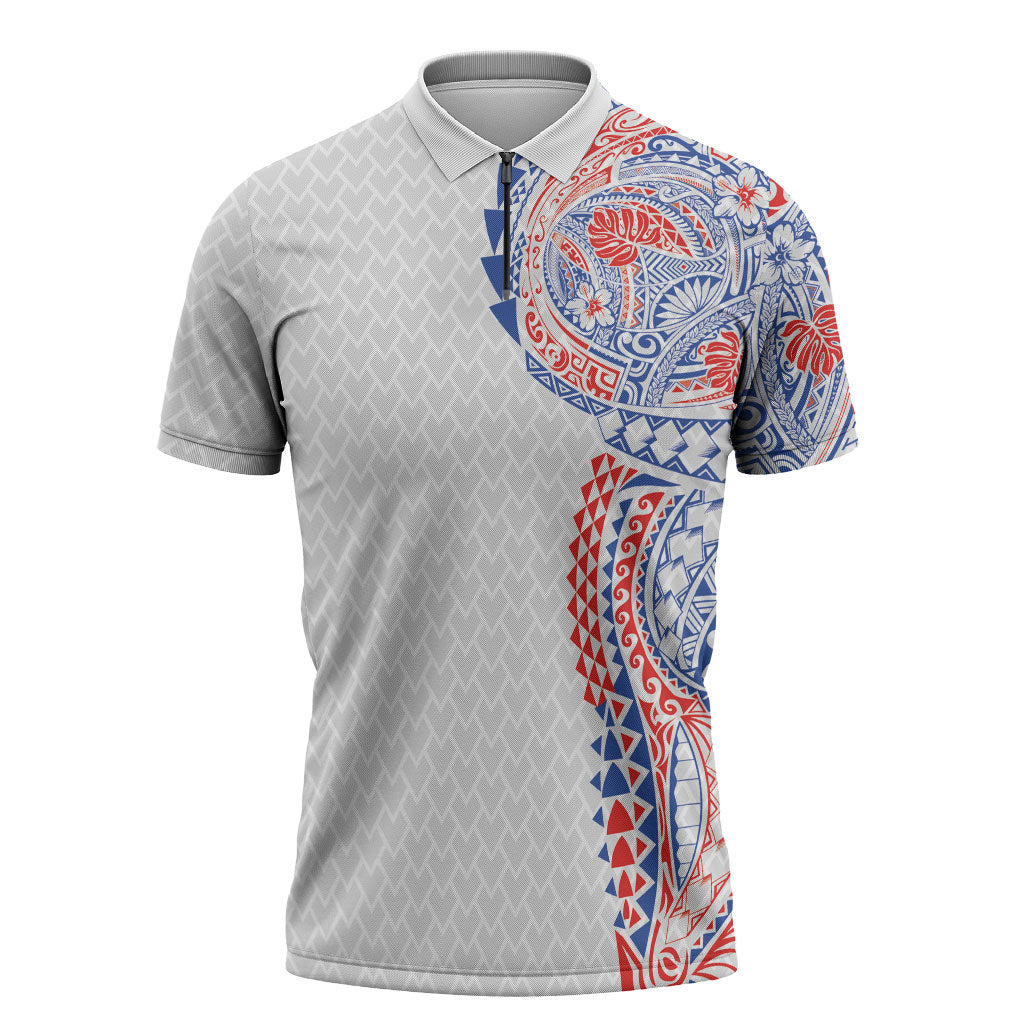Hawaiian Traditional Tattoos Zipper Polo Shirt Kakau Tribal Tropical Plant Motif Hawaii Flag Color Inspired