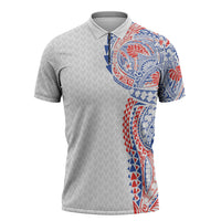 Hawaiian Traditional Tattoos Zipper Polo Shirt Kakau Tribal Tropical Plant Motif Hawaii Flag Color Inspired