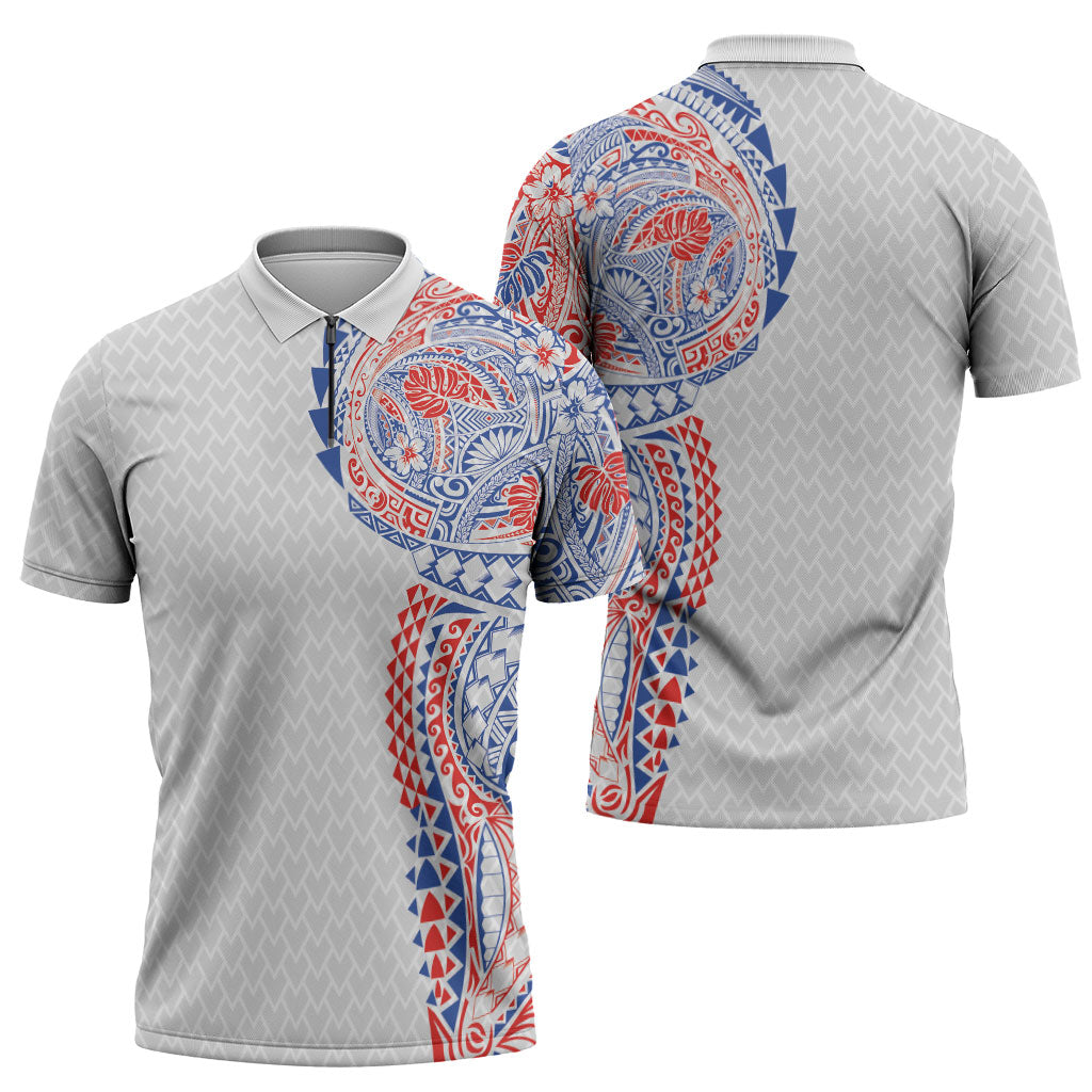 Hawaiian Traditional Tattoos Zipper Polo Shirt Kakau Tribal Tropical Plant Motif Hawaii Flag Color Inspired