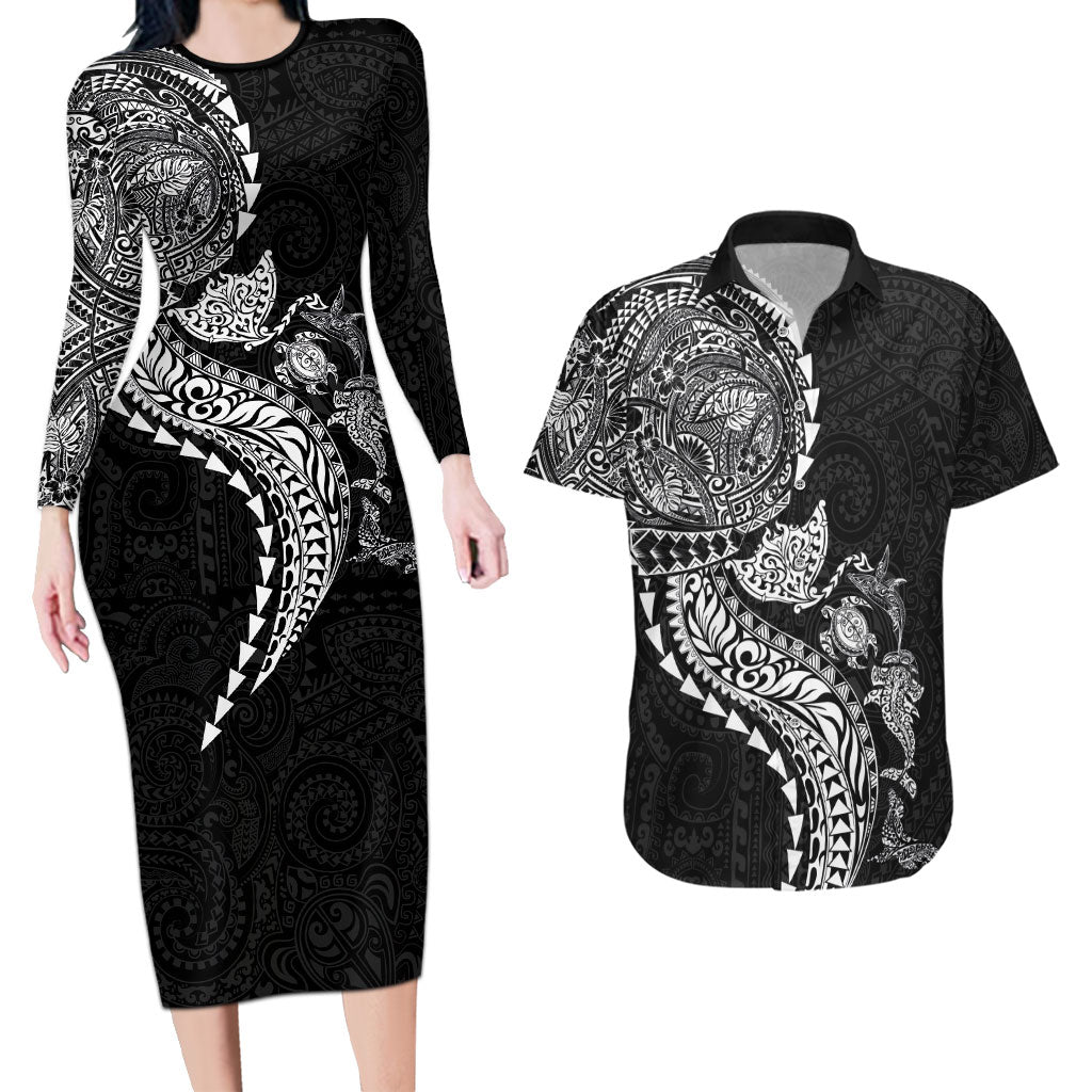 Hawaiian Kakau Tribal Sea Animals Tattoos Couples Matching Long Sleeve Bodycon Dress and Hawaiian Shirt Black Color