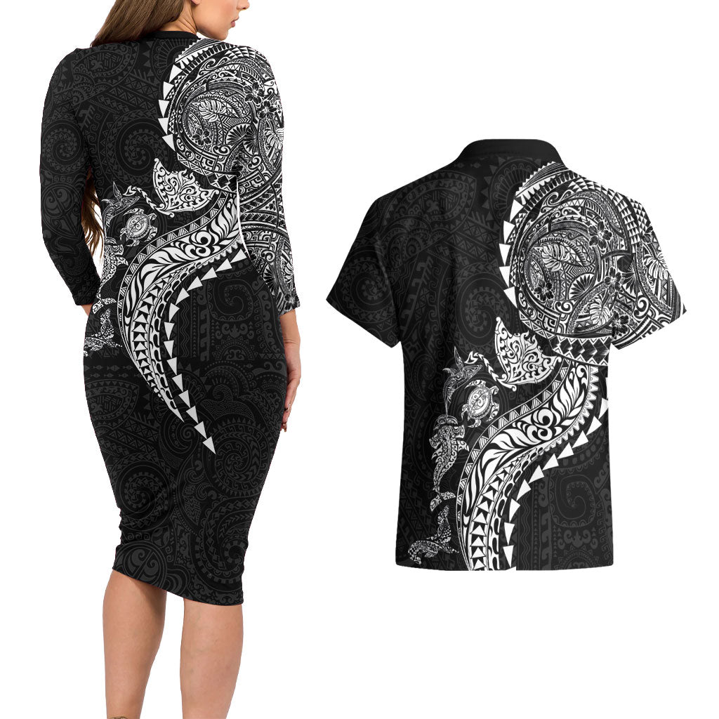 Hawaiian Kakau Tribal Sea Animals Tattoos Couples Matching Long Sleeve Bodycon Dress and Hawaiian Shirt Black Color