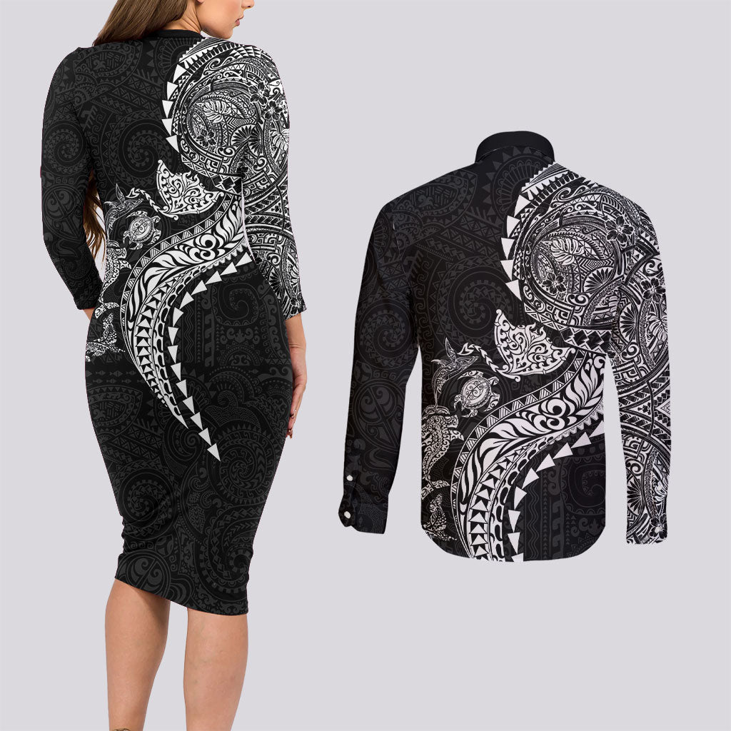Hawaiian Kakau Tribal Sea Animals Tattoos Couples Matching Long Sleeve Bodycon Dress and Long Sleeve Button Shirt Black Color