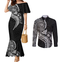 Hawaiian Kakau Tribal Sea Animals Tattoos Couples Matching Mermaid Dress and Long Sleeve Button Shirt Black Color