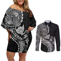 Hawaiian Kakau Tribal Sea Animals Tattoos Couples Matching Off Shoulder Short Dress and Long Sleeve Button Shirt Black Color