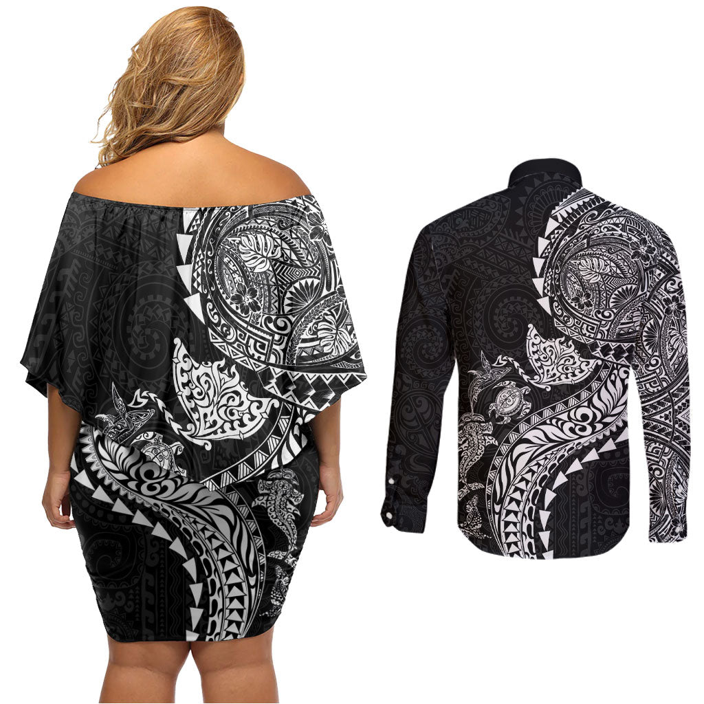 Hawaiian Kakau Tribal Sea Animals Tattoos Couples Matching Off Shoulder Short Dress and Long Sleeve Button Shirt Black Color