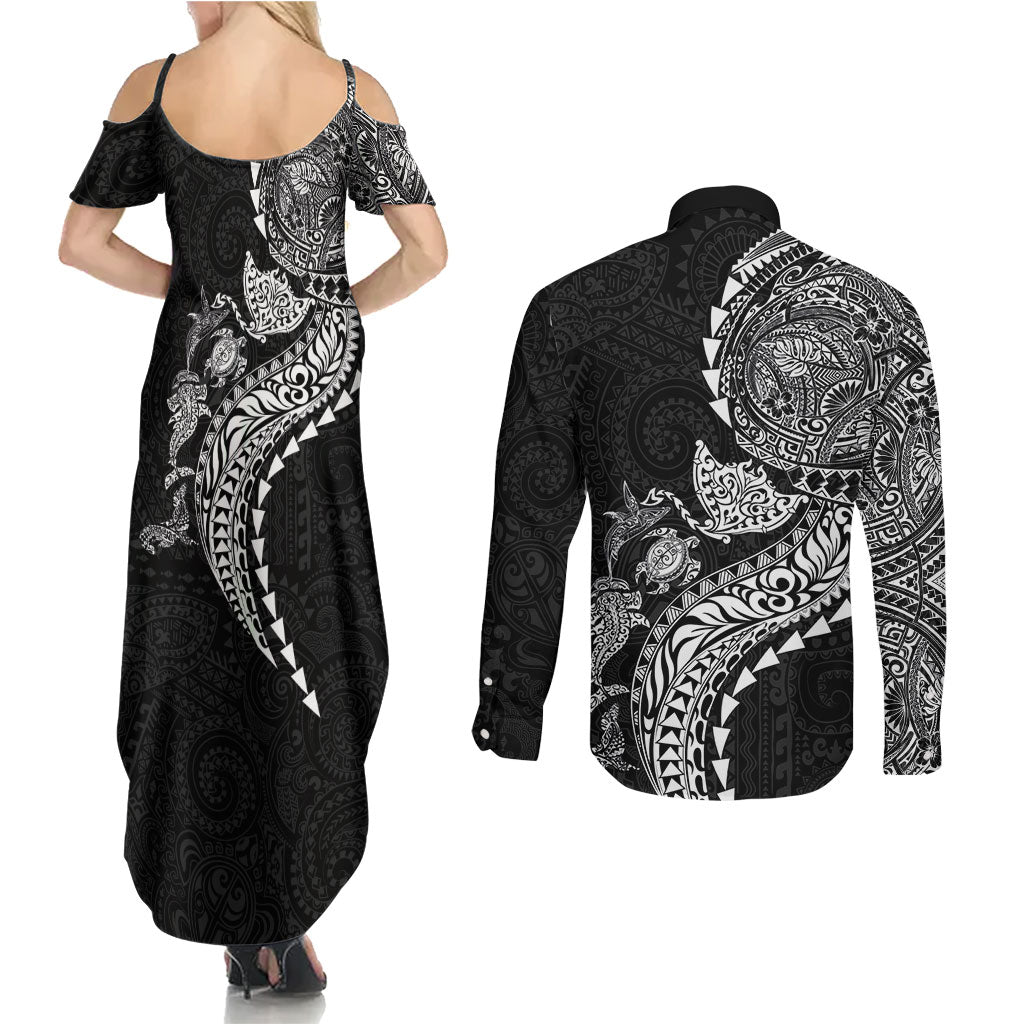 Hawaiian Kakau Tribal Sea Animals Tattoos Couples Matching Summer Maxi Dress and Long Sleeve Button Shirt Black Color