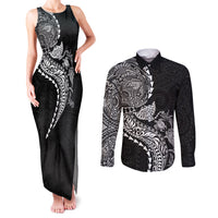 Hawaiian Kakau Tribal Sea Animals Tattoos Couples Matching Tank Maxi Dress and Long Sleeve Button Shirt Black Color