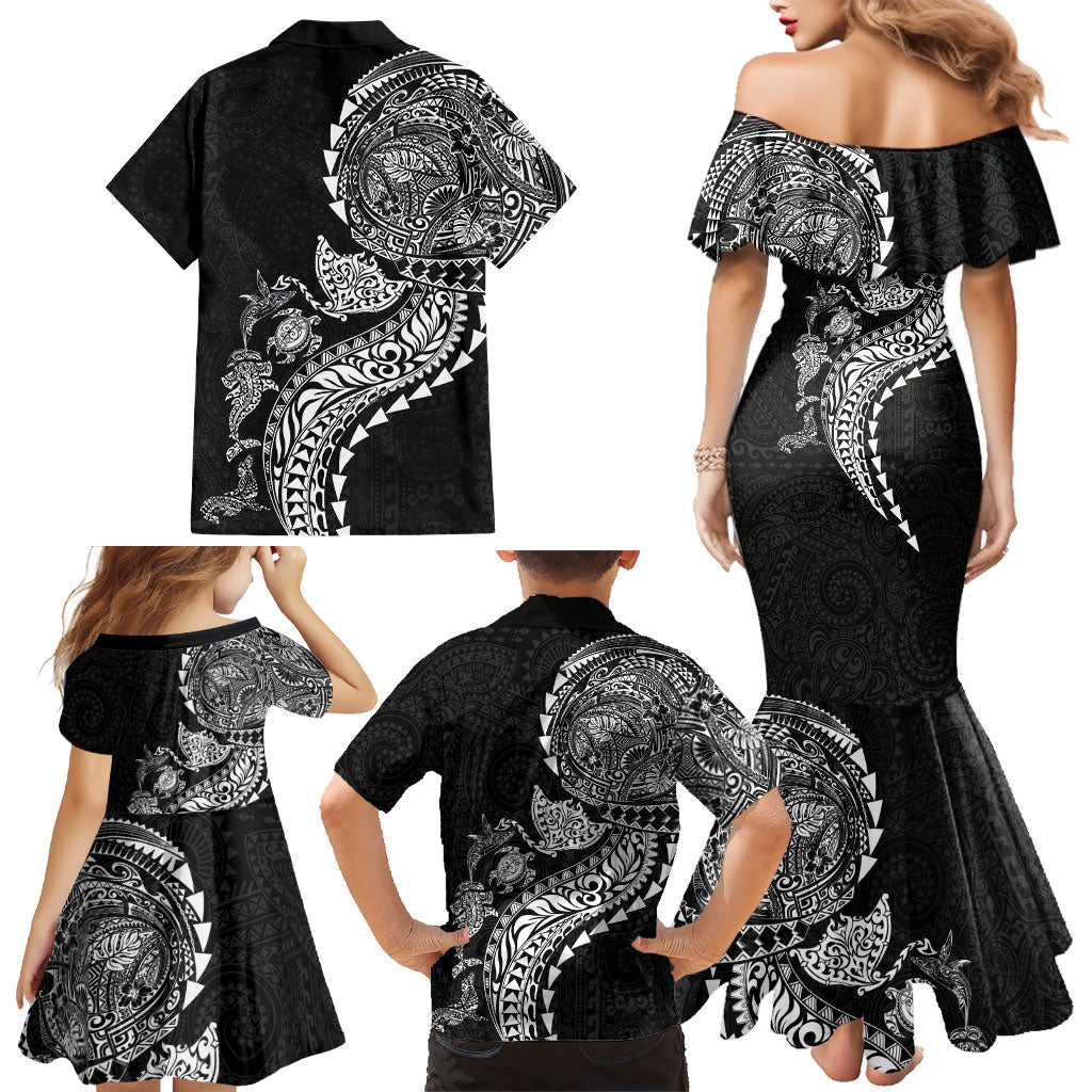 Hawaiian Kakau Tribal Sea Animals Tattoos Family Matching Mermaid Dress and Hawaiian Shirt Black Color