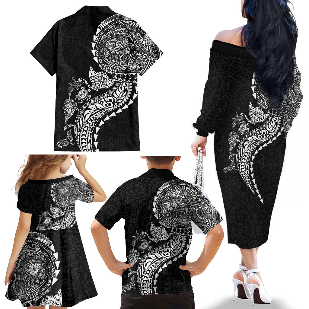 Hawaiian Kakau Tribal Sea Animals Tattoos Family Matching Off The Shoulder Long Sleeve Dress and Hawaiian Shirt Black Color