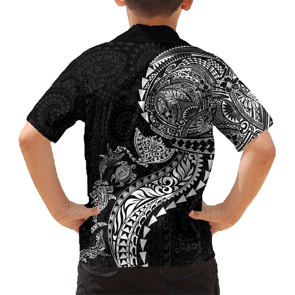 Hawaiian Kakau Tribal Sea Animals Tattoos Family Matching Off Shoulder Maxi Dress and Hawaiian Shirt Black Color