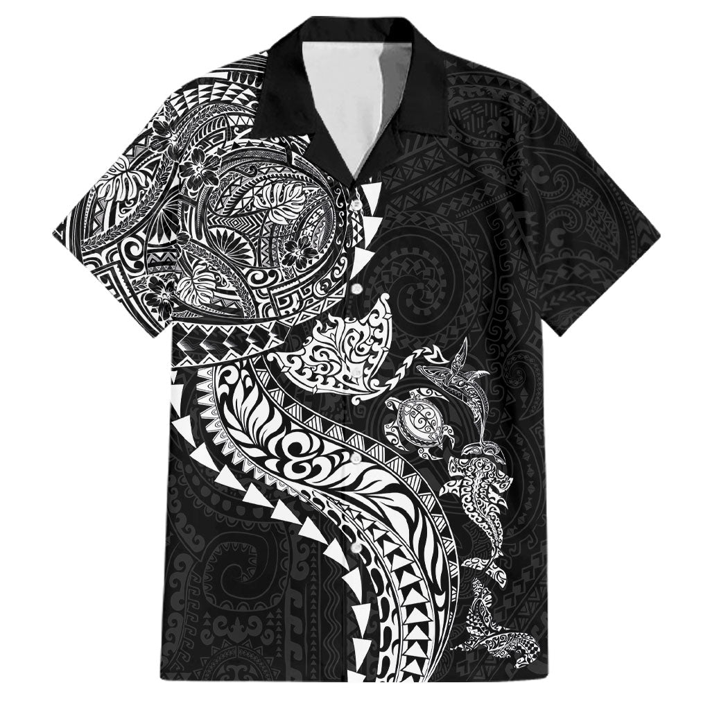 Hawaiian Kakau Tribal Sea Animals Tattoos Family Matching Off Shoulder Short Dress and Hawaiian Shirt Black Color