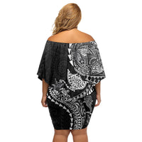 Hawaiian Kakau Tribal Sea Animals Tattoos Family Matching Off Shoulder Short Dress and Hawaiian Shirt Black Color