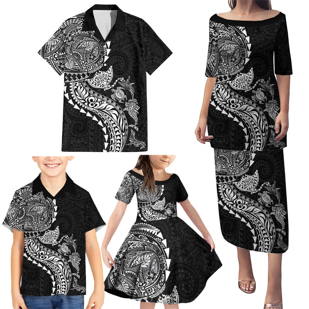 Hawaiian Kakau Tribal Sea Animals Tattoos Family Matching Puletasi and Hawaiian Shirt Black Color