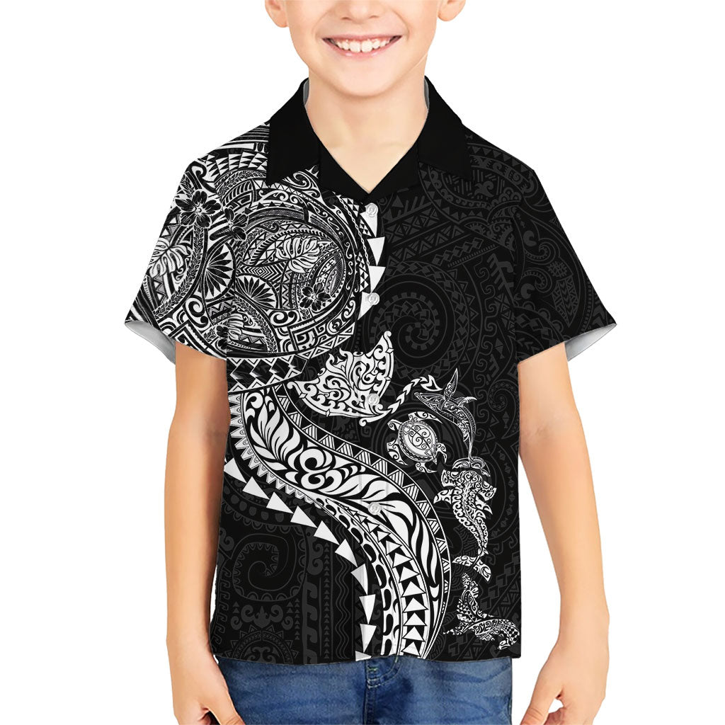 Hawaiian Kakau Tribal Sea Animals Tattoos Family Matching Puletasi and Hawaiian Shirt Black Color