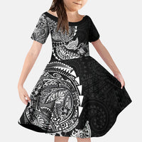Hawaiian Kakau Tribal Sea Animals Tattoos Family Matching Short Sleeve Bodycon Dress and Hawaiian Shirt Black Color