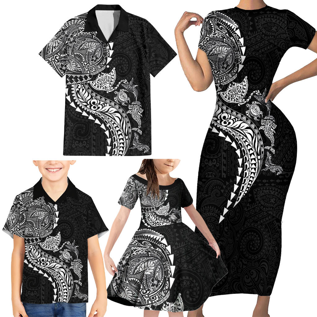 Hawaiian Kakau Tribal Sea Animals Tattoos Family Matching Short Sleeve Bodycon Dress and Hawaiian Shirt Black Color
