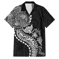 Hawaiian Kakau Tribal Sea Animals Tattoos Family Matching Short Sleeve Bodycon Dress and Hawaiian Shirt Black Color