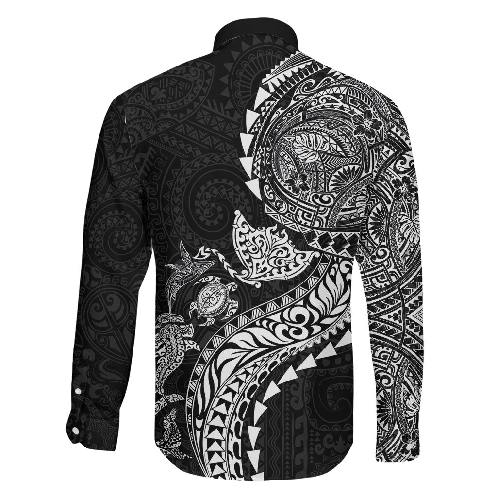 Hawaiian Kakau Tribal Sea Animals Tattoos Family Matching Short Sleeve Bodycon Dress and Hawaiian Shirt Black Color