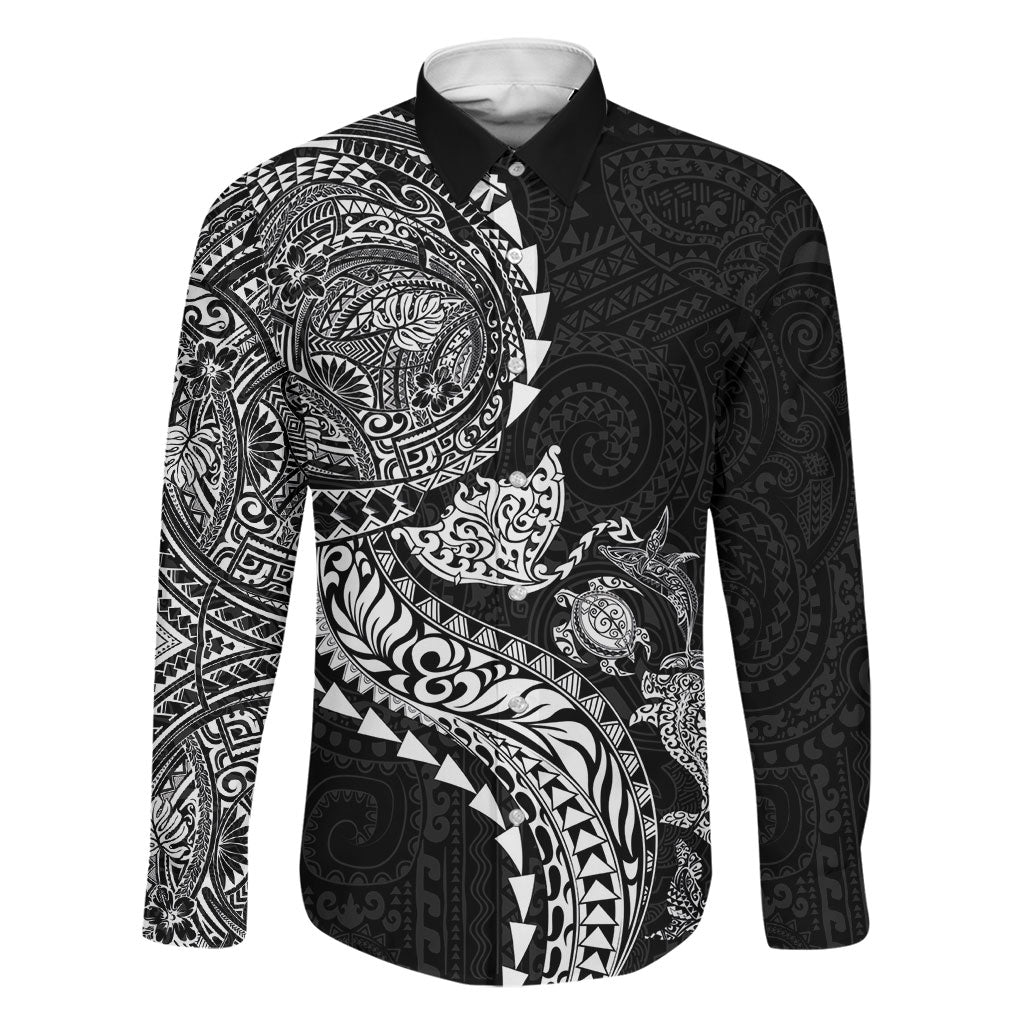 Hawaiian Kakau Tribal Sea Animals Tattoos Family Matching Summer Maxi Dress and Hawaiian Shirt Black Color